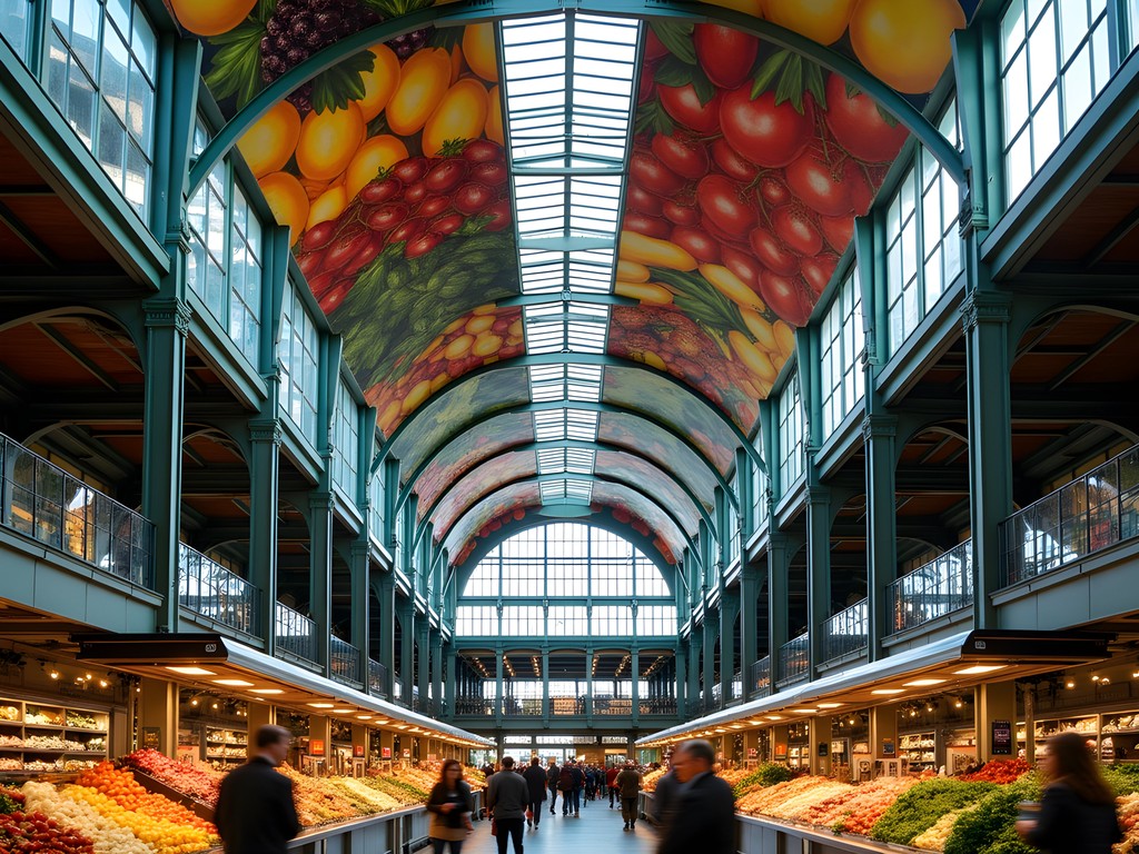 Colorful artistic ceiling of Rotterdam's Market Hall with food stalls below