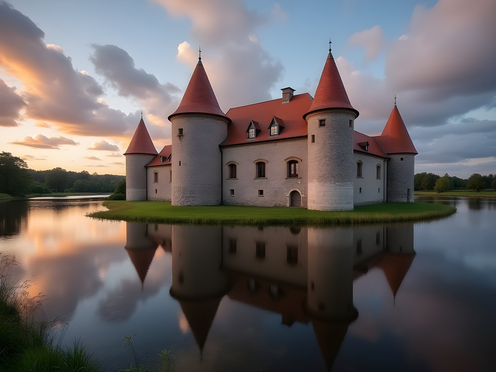 Kuressaare Episcopal Castle reflected in surrounding moat during golden hour