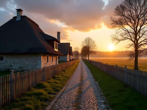 Traditional thatched-roof houses in Koguva village on Saaremaa island at sunset