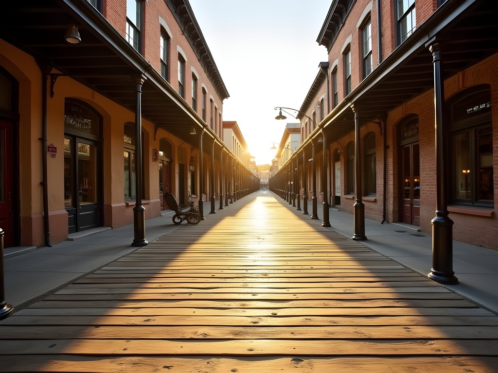 Historic wooden boardwalks and Gold Rush era buildings in Old Sacramento Waterfront district