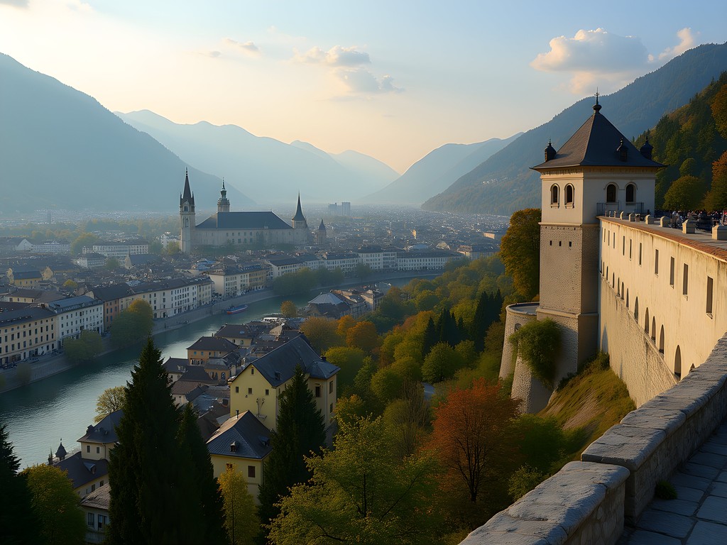 Panoramic view of Salzburg from Hohensalzburg Fortress showing the city Mozart knew