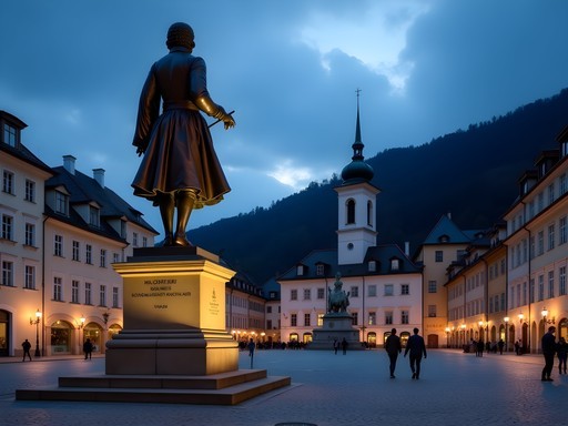 Mozart monument in Mozartplatz illuminated during evening in Salzburg's Old Town