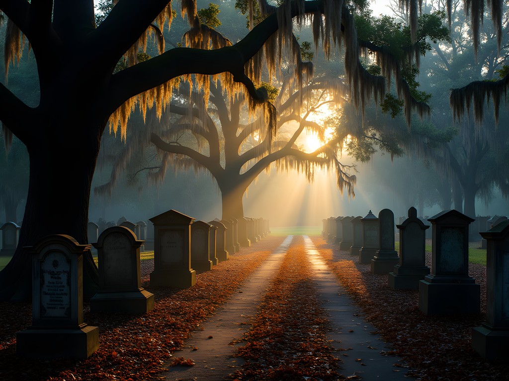 Historic Savannah cemetery with Spanish moss and antique gravestones at dusk