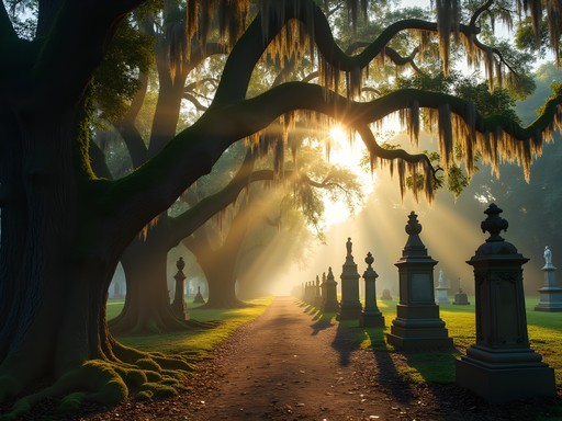 Ancient tombstones and monuments with Spanish moss at Bonaventure Cemetery