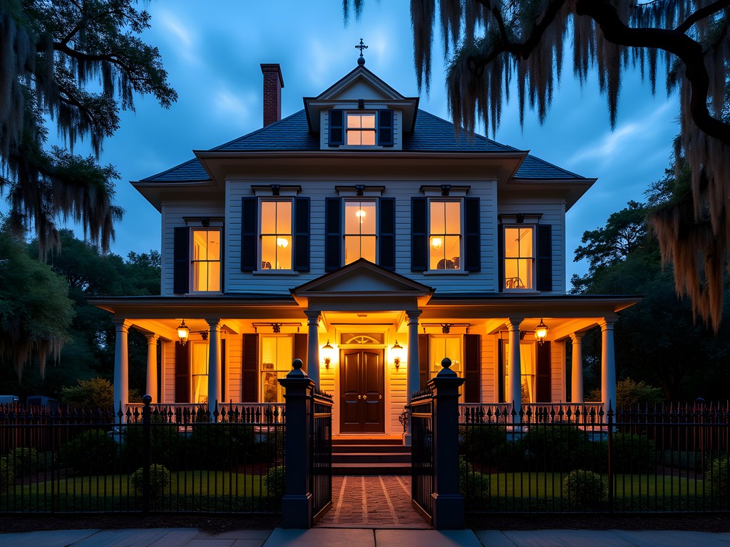 Historic Savannah mansion illuminated at night with wrought iron fence
