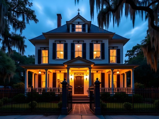 Historic Savannah mansion illuminated at night with wrought iron fence