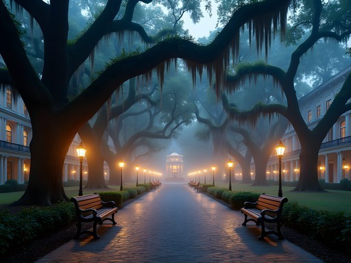 Madison Square in Savannah at dusk with Spanish moss hanging from oak trees