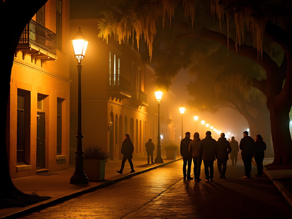 Nighttime ghost tour in Savannah with gas lamps illuminating a historic street