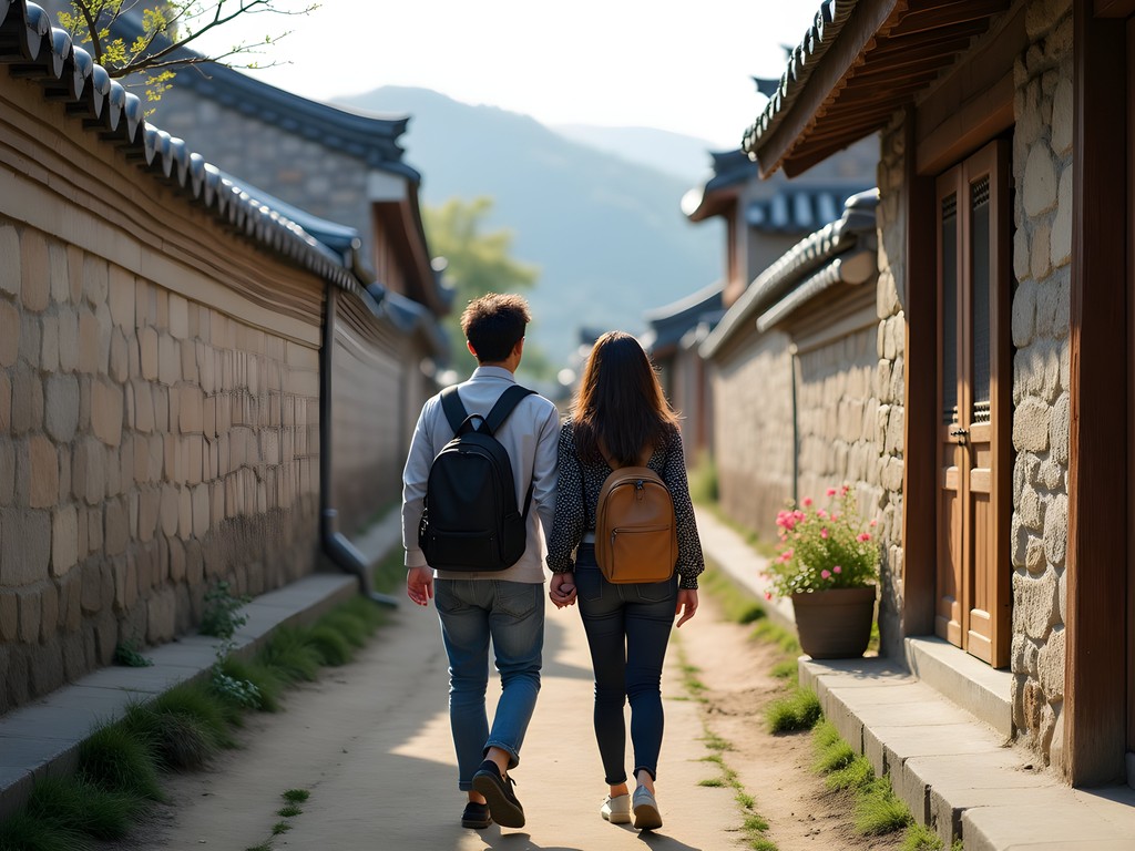 Couple exploring traditional alleyways in Bukchon Hanok Village