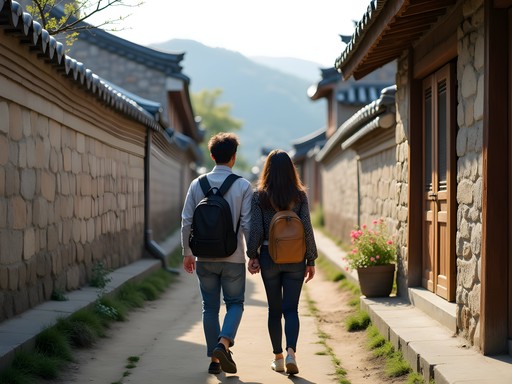 Couple exploring traditional alleyways in Bukchon Hanok Village