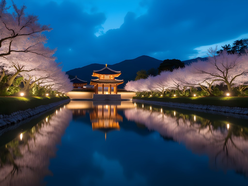 Changgyeonggung Palace illuminated at night with cherry blossoms
