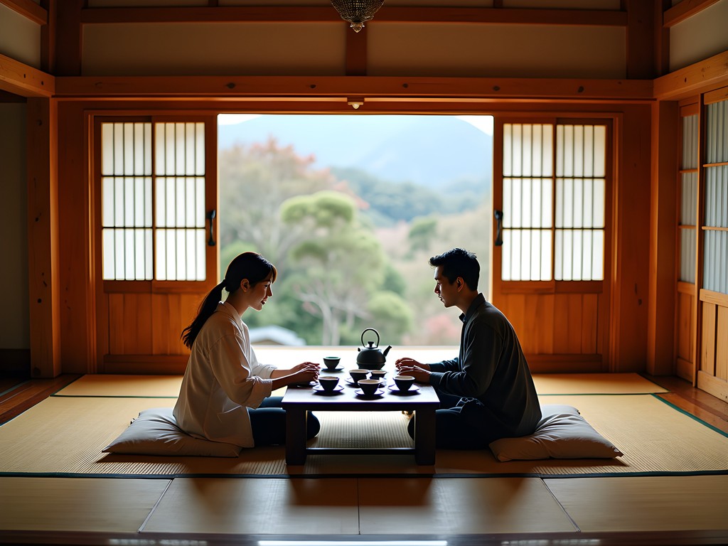 Couple enjoying traditional Korean tea ceremony in Insadong teahouse