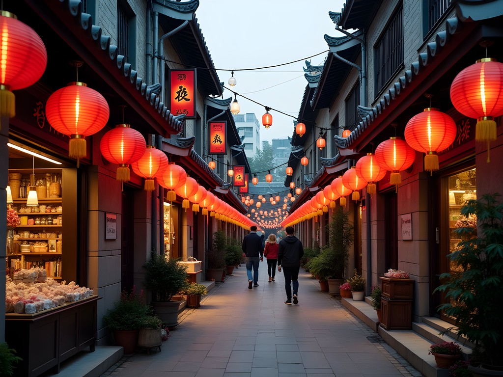 Narrow alleyway in Tianzifang Shanghai with traditional lanterns and shikumen architecture