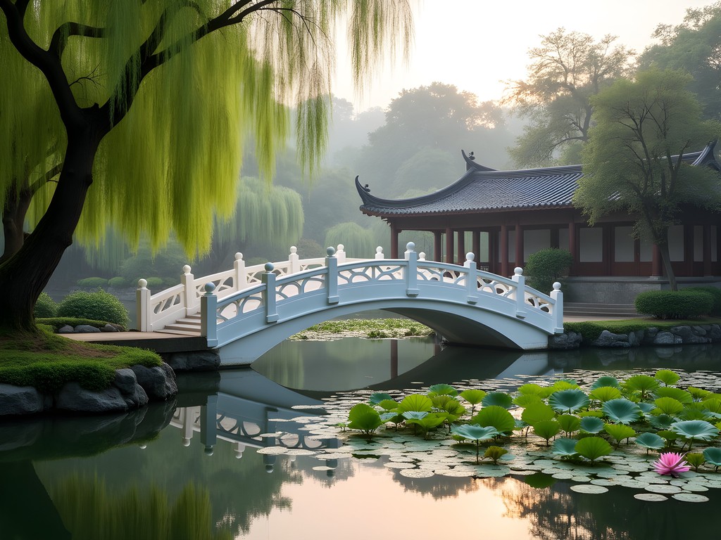 Traditional white bridge over lotus pond in Humble Administrator's Garden Suzhou