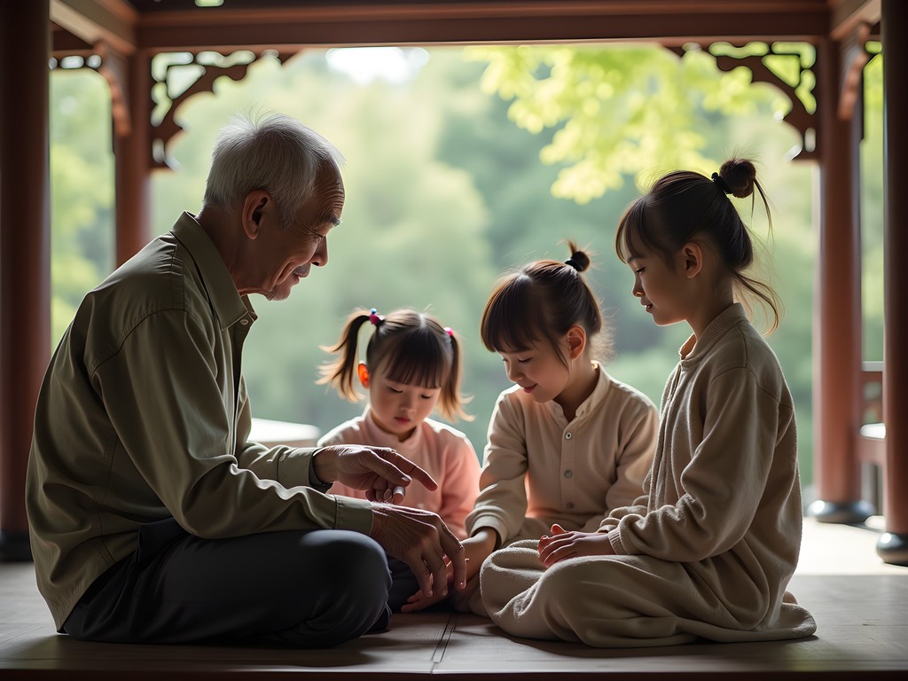 Multi-generational Chinese family enjoying traditional pavilion in Lingering Garden Suzhou