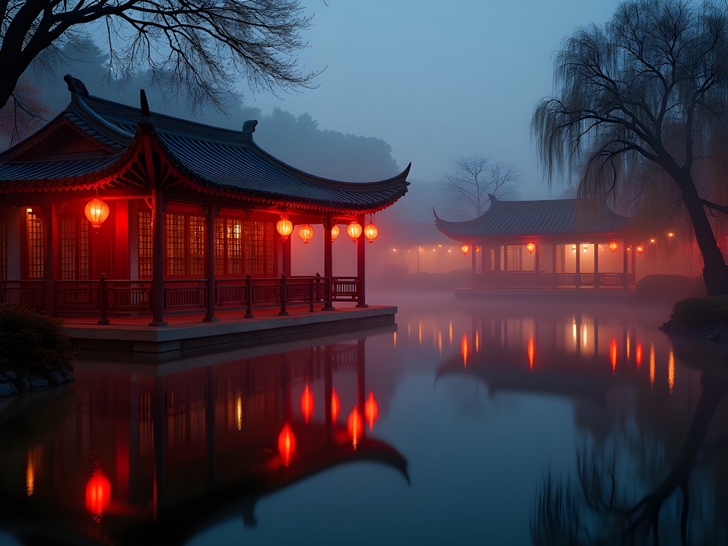 Evening illumination at Master of Nets Garden in Suzhou with traditional lanterns reflected in pond