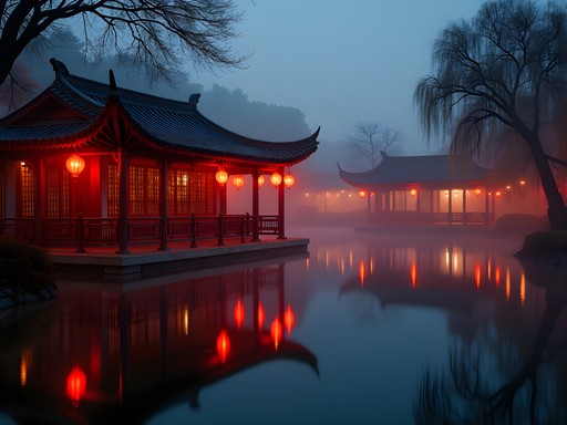 Evening illumination at Master of Nets Garden in Suzhou with traditional lanterns reflected in pond
