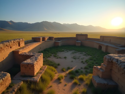 Ancient ruins of Otrar citadel at sunrise with dramatic shadows