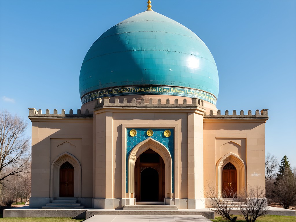 Turquoise dome of ancient mausoleum in Sayram against clear blue sky