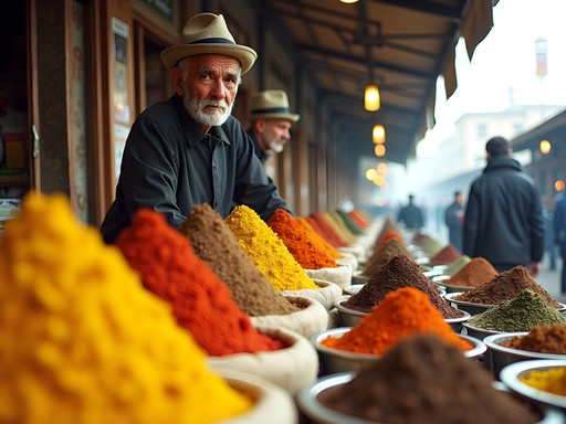 Colorful display of spices at Shymkent Bazaar with vendor