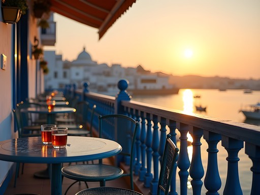 Sunset view from Café des Délices terrace overlooking the Mediterranean Sea in Sidi Bou Said