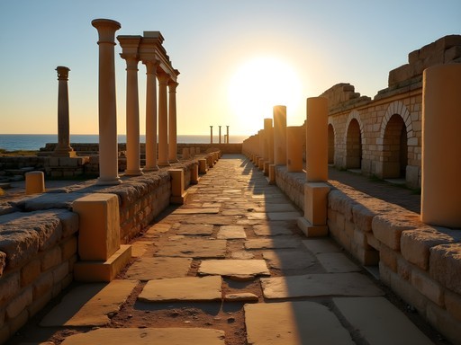 Ancient ruins of Carthage at sunset with Mediterranean Sea in background