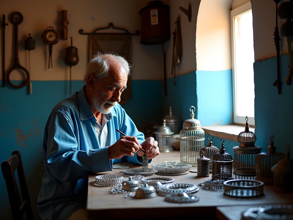 Traditional Tunisian artisan creating intricate metalwork in a workshop in Sidi Bou Said