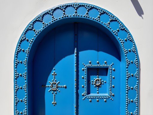 Detailed view of traditional ornate blue doors with decorative nail patterns in Sidi Bou Said