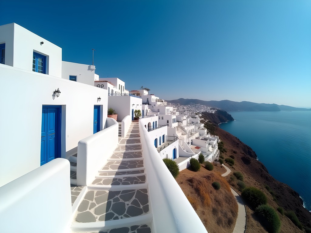 Panoramic view of Sidi Bou Said's blue and white buildings cascading down the hillside