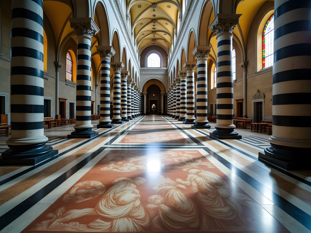 Siena Cathedral interior showing intricate marble floor panels and striped columns
