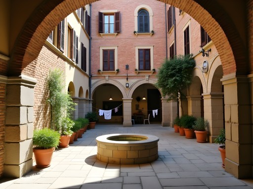 Hidden medieval courtyard in Siena with well and traditional architecture away from tourist crowds