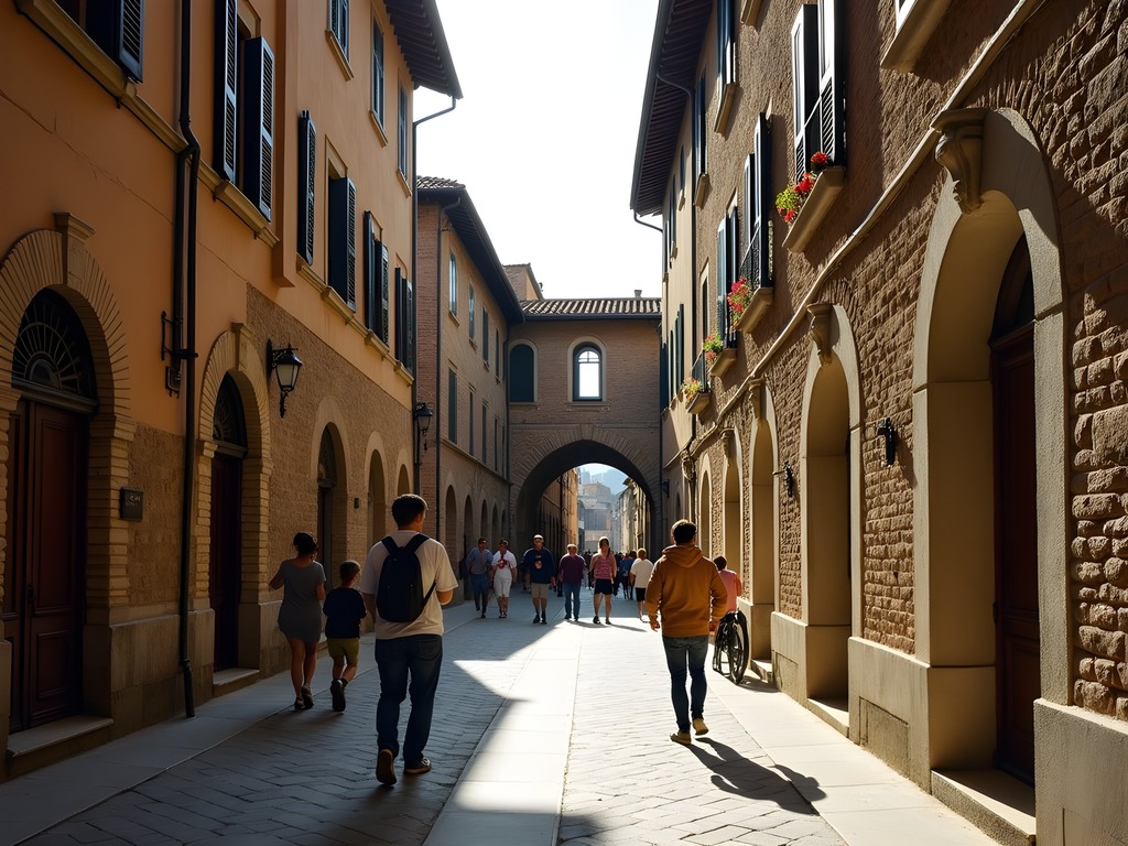 Narrow medieval street in Siena with pedestrians and no cars, demonstrating sustainable urban mobility