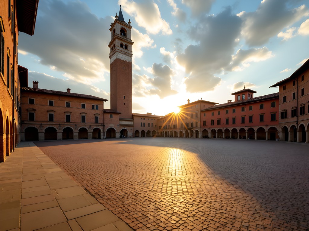 Siena's Piazza del Campo at sunrise with Torre del Mangia and historic buildings
