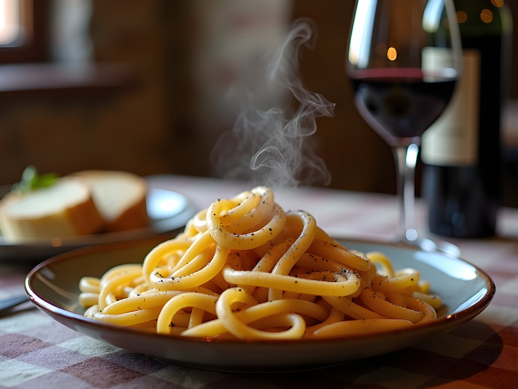 Traditional hand-rolled pici pasta being served in a family-run Sienese restaurant