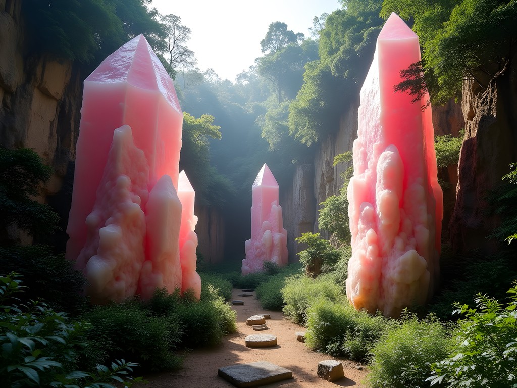 Massive rose quartz formations at Namal Uyana with ancient meditation platform