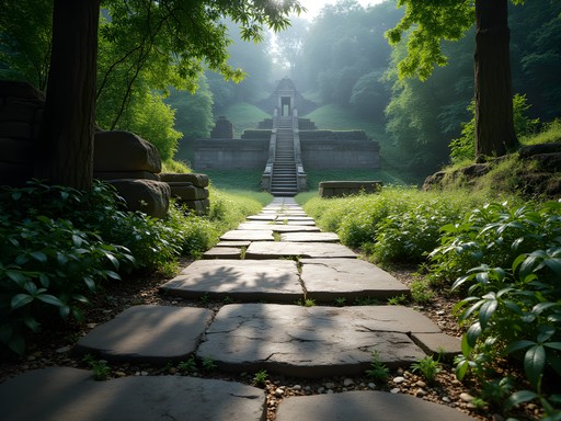 Ancient stone walkway through Ritigala Monastery ruins surrounded by forest