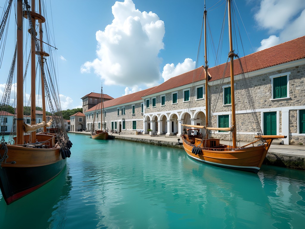 Georgian-era stone buildings at Nelson's Dockyard with wooden boat masts in foreground