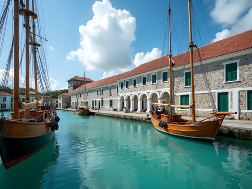 Georgian-era stone buildings at Nelson's Dockyard with wooden boat masts in foreground