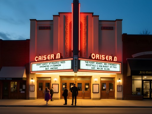 Historic Missouri Theatre illuminated at dusk with marquee lights in St. Joseph