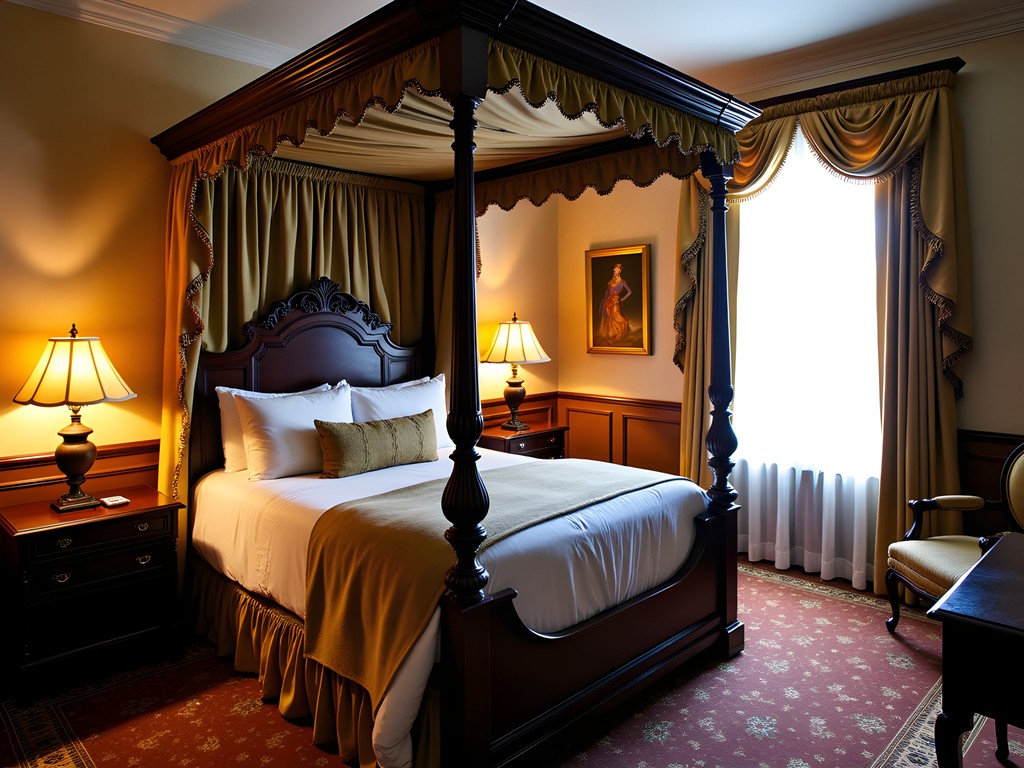 Victorian-era decorated bedroom in the historic Patee House Hotel with period furniture