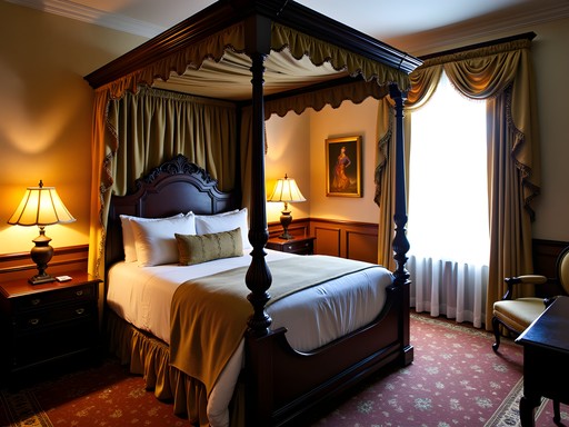 Victorian-era decorated bedroom in the historic Patee House Hotel with period furniture