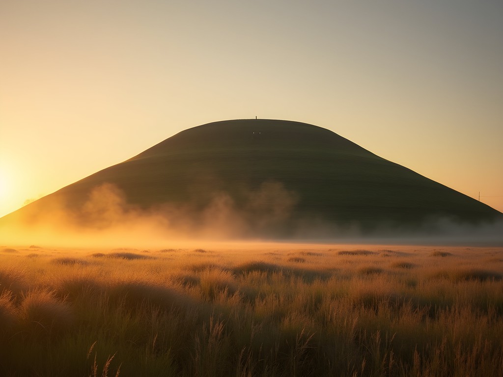 Monks Mound at Cahokia Mounds State Historic Site at sunrise with morning mist