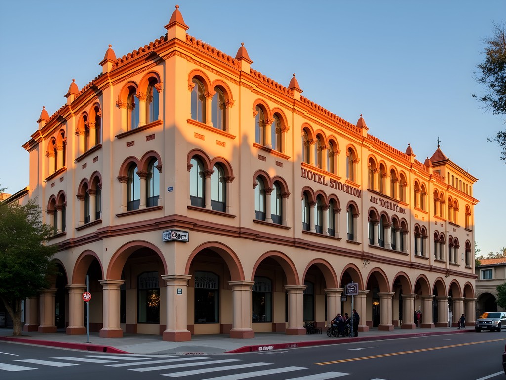 Mission Revival architecture of historic Hotel Stockton with distinctive arches