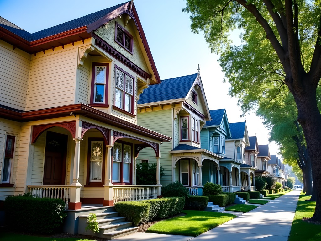 Colorful Victorian homes in Stockton's Magnolia Historic District with ornate details