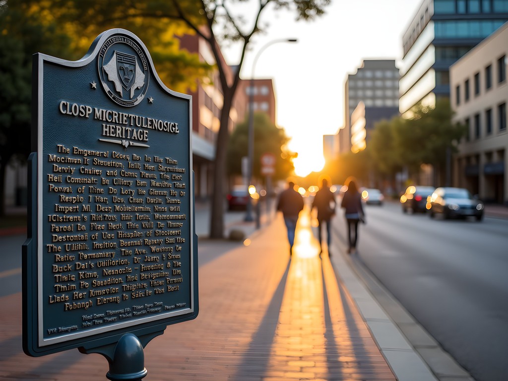 Historical marker in Stockton's former Little Manila district with urban landscape