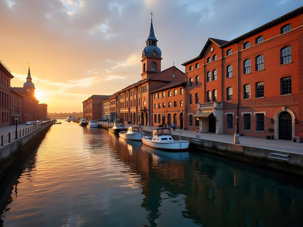 Historic Stockton waterfront at sunrise with boats and restored buildings