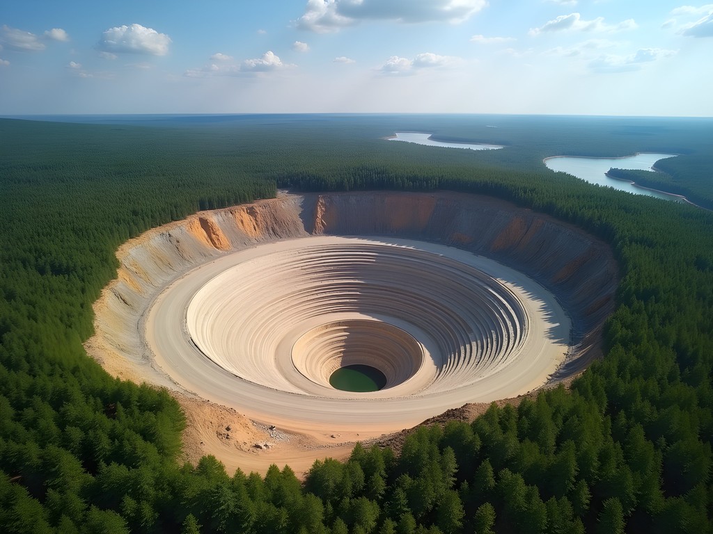 Aerial view of Hollinger Open Pit Mine in Timmins showing concentric excavation patterns