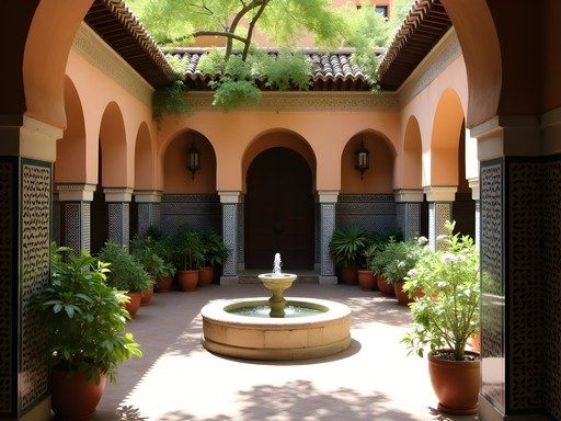 Couple exploring hidden courtyard with Mudéjar architecture in Toledo