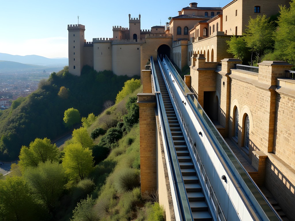 Modern escalators integrated into Toledo's ancient hillside and walls