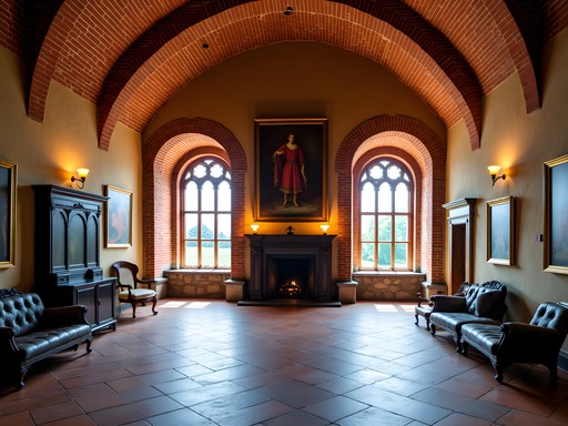Interior of Trakai Castle's Great Hall with medieval architecture and exhibits